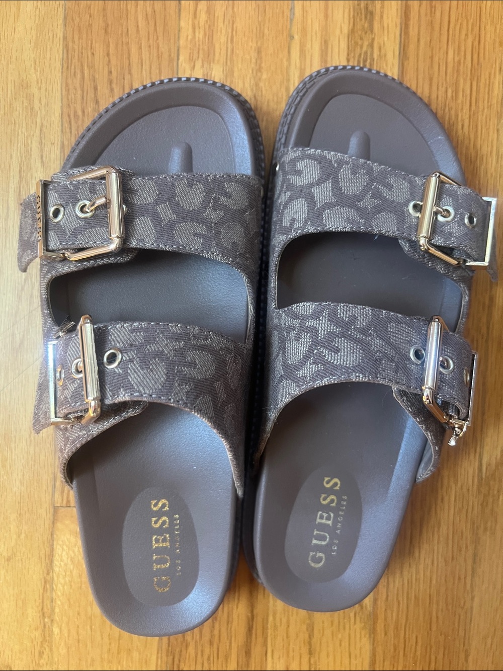 GUESS Brown Monogram Double-Buckle Slide Sandals with Gold Accents